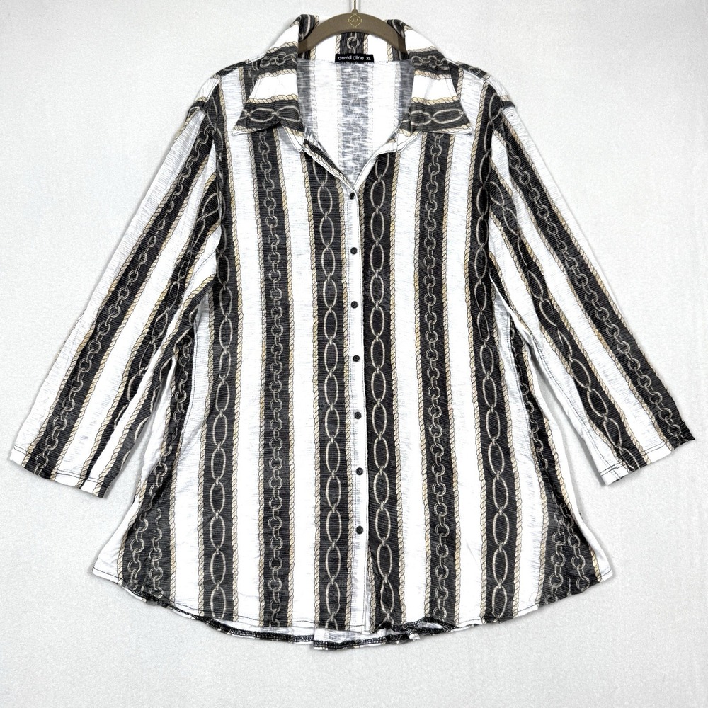 David Cline Top Womens XL Chain Stripe Snap Front Blouse Artsy Equestrian USA